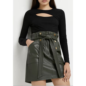 River Island KHAKI FAUX LEATHER BELTED MINI SKIRT